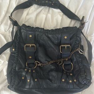 Vintage Betsey Johnson Black Leather Shoulder Bag with Edgy Chain Detail